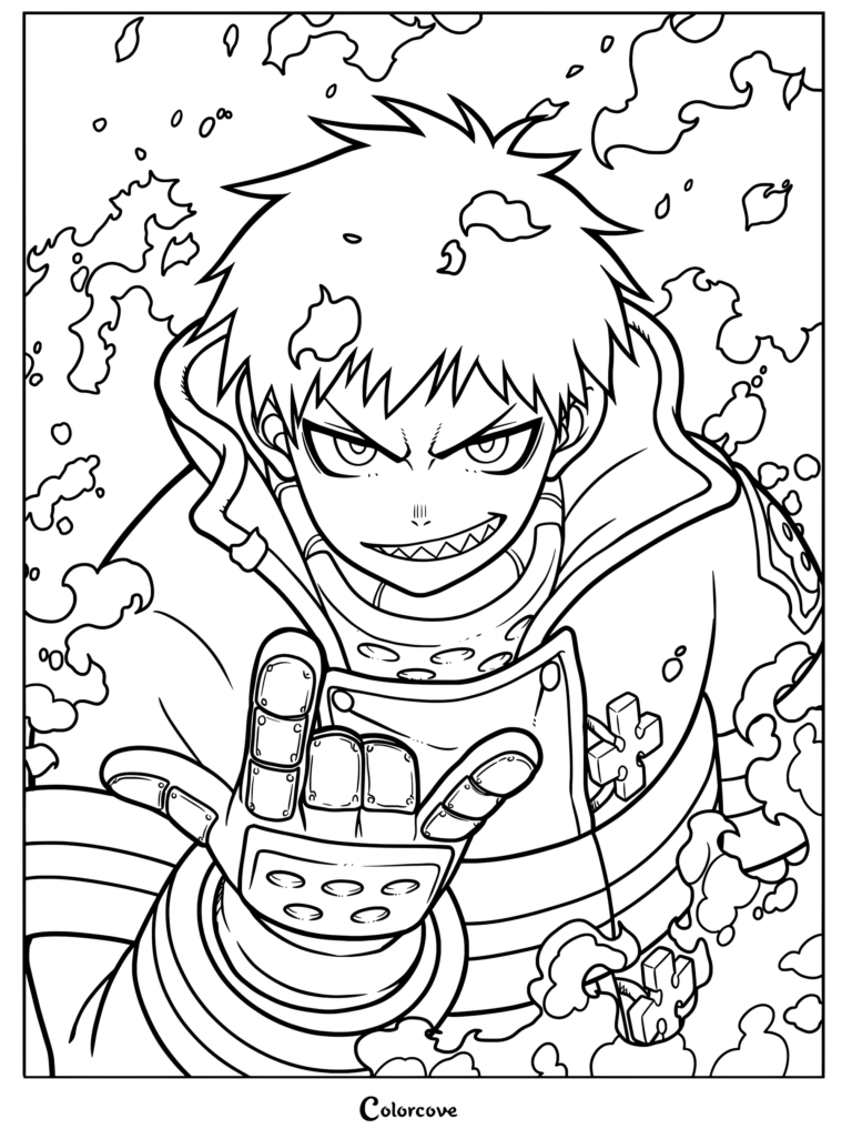 Shinra Kusakabe de la serie de anime y manga Fire Force, representado en el arte oficial del Blu-ray Vol. 1 de la temporada 3 de Fire Force. Dibujo para colorear con Shinra apuntando hacia adelante con su guantelete blindado entre humo y fuego arremolinados.