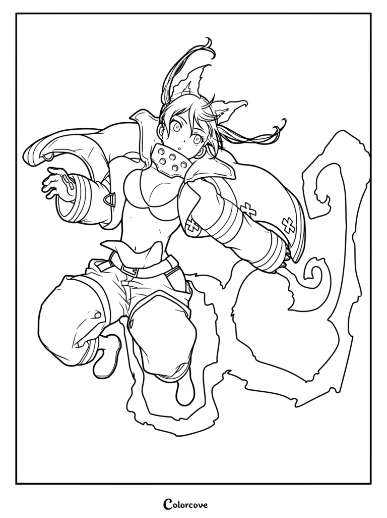 Dibujo para colorear de Tamaki Kotatsu de Fire Force en una dinámica pose de acción.