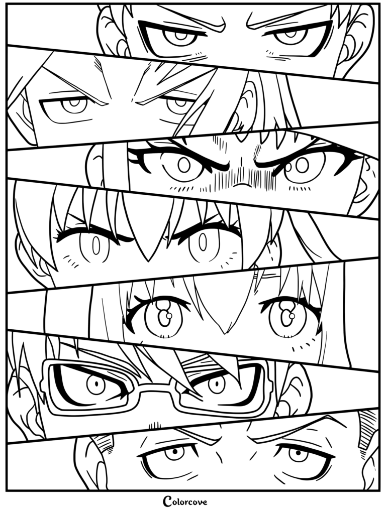 Dibujo para colorear e imprimir gratis con un collage anime vertical y primeros planos intensos de los ojos de los personajes de Fire Force: Shinra Kusakabe, Arthur Boyle, Tamaki Kotatsu, Maki Oze, Iris, Takehisa Hinawa y Akitaru Ōbi.