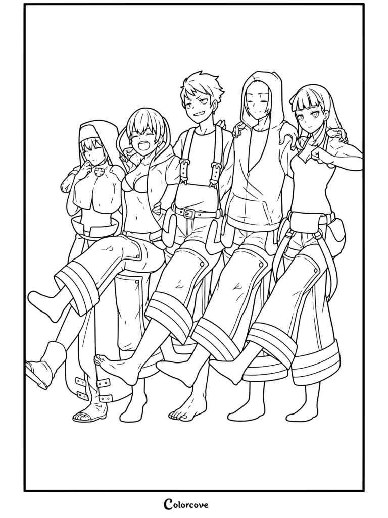 Dibujo para colorear de Fire Force con los personajes Iris, Tamaki, Shinra, Arthur y Maki caminando alegremente del brazo.