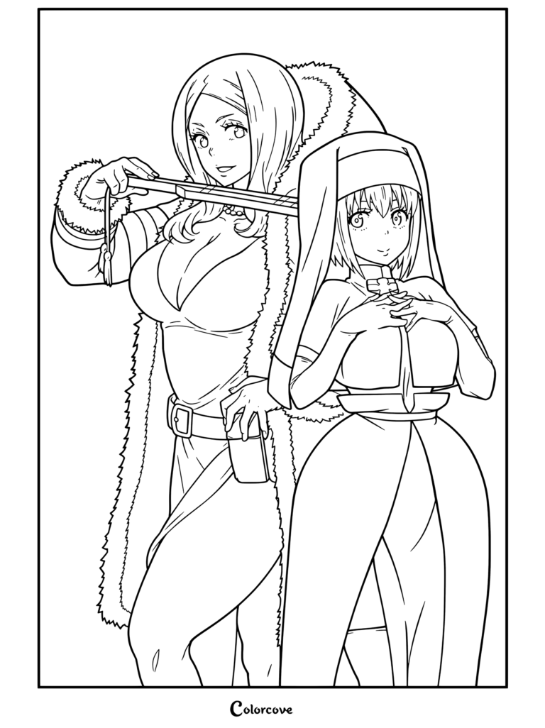 Dibujo para colorear de Fire Force con Hibana e Iris juntas, vestidas con sus atuendos característicos sobre un fondo rojo.