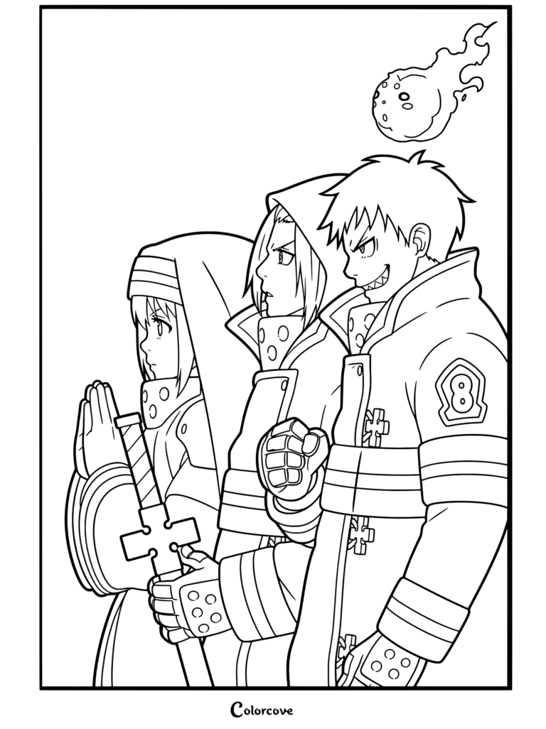 Dibujo para colorear de Fire Force con Iris, Arthur y Shinra juntos en uniforme junto a un espíritu de fuego.