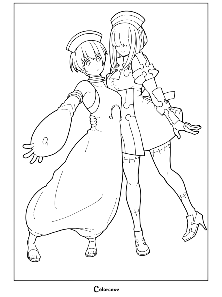 Dibujo para colorear e imprimir de Fire Force con Inaba y su compañero posando juntos con túnicas blancas con motivos de puzle.
