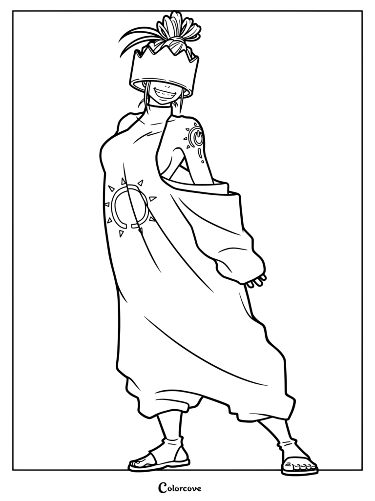 Dibujo para colorear gratis de Fire Force con Haumea luciendo una corona alta que le cubre los ojos y una túnica larga con símbolos solares.
