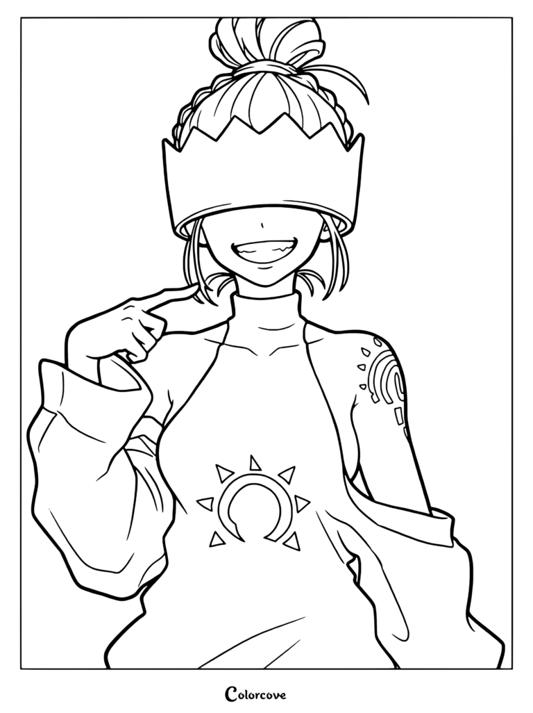 Dibujo para colorear de Haumea de Fire Force mostrando al personaje sonriendo con su corona puesta.