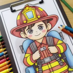 Cute firefighter coloring page with colorful crayons, featuring a smiling kid in a fireman suit and hat holding backpack.