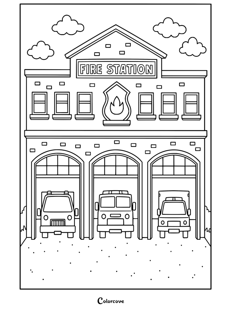 Coloring page of a cartoon fire station building with three fire trucks parked inside for a firefighter theme