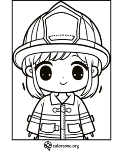 Cute firefighter coloring page with a happy child wearing a fire helmet and uniform. Printable kids activity.