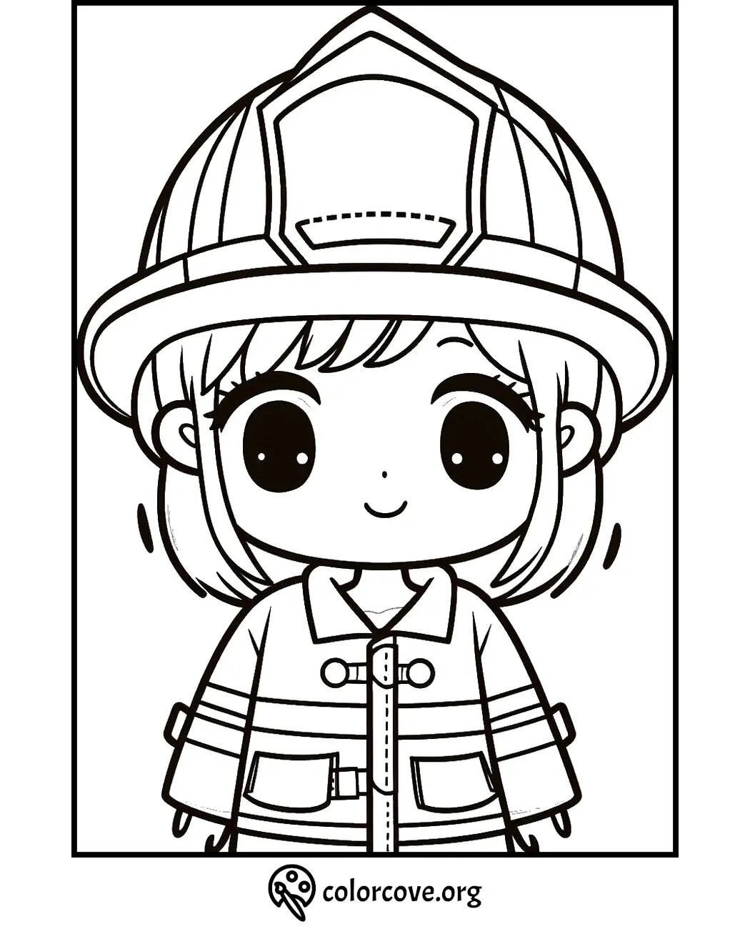 Cute firefighter coloring page with a happy child wearing a fire helmet and uniform. Printable kids activity.