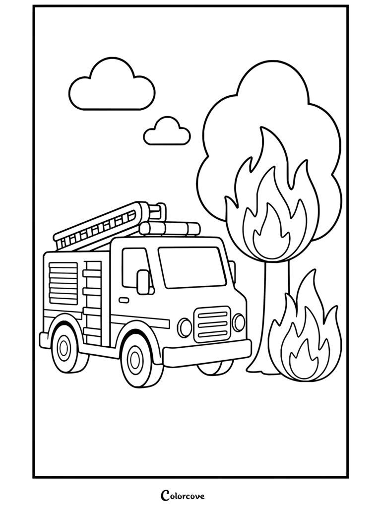 Printable firefighter coloring page featuring a fire truck responding to a burning tree with flames.