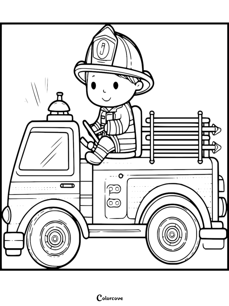 A cute firefighter wearing a helmet driving a fire truck with ladders on the back, line art coloring page.