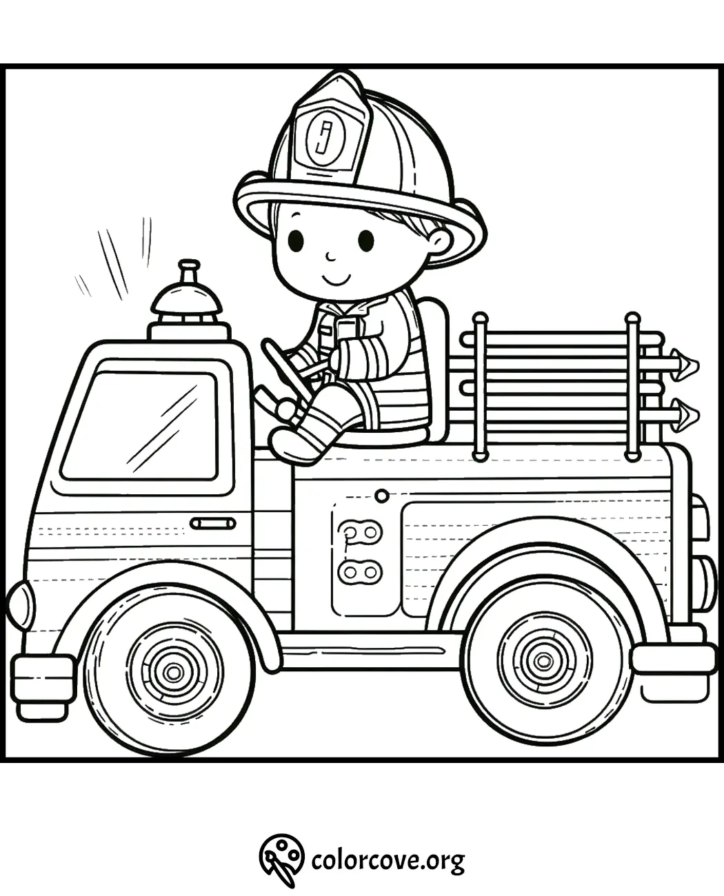 Coloring page of an adorable firefighter driving a fire truck. Fun and engaging printable activity for kids.