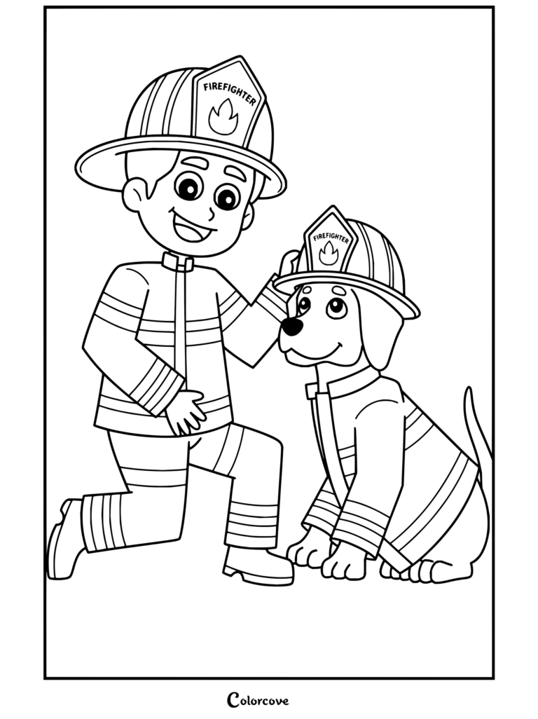 Firefighter coloring page featuring a boy kneeling alongside a dalmatian dog, both wearing firefighter helmets and full gear.