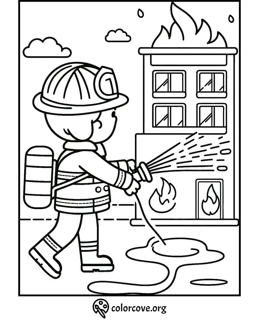 Coloring page of a firefighter spraying water to extinguish a fire in a burning building, suitable for children's activities.