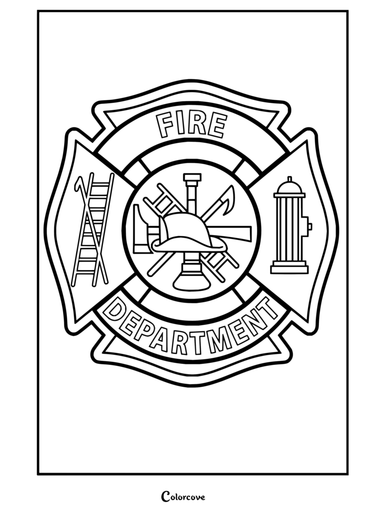 Detailed firefighter coloring page featuring a department emblem logo with ladder and hydrant done.