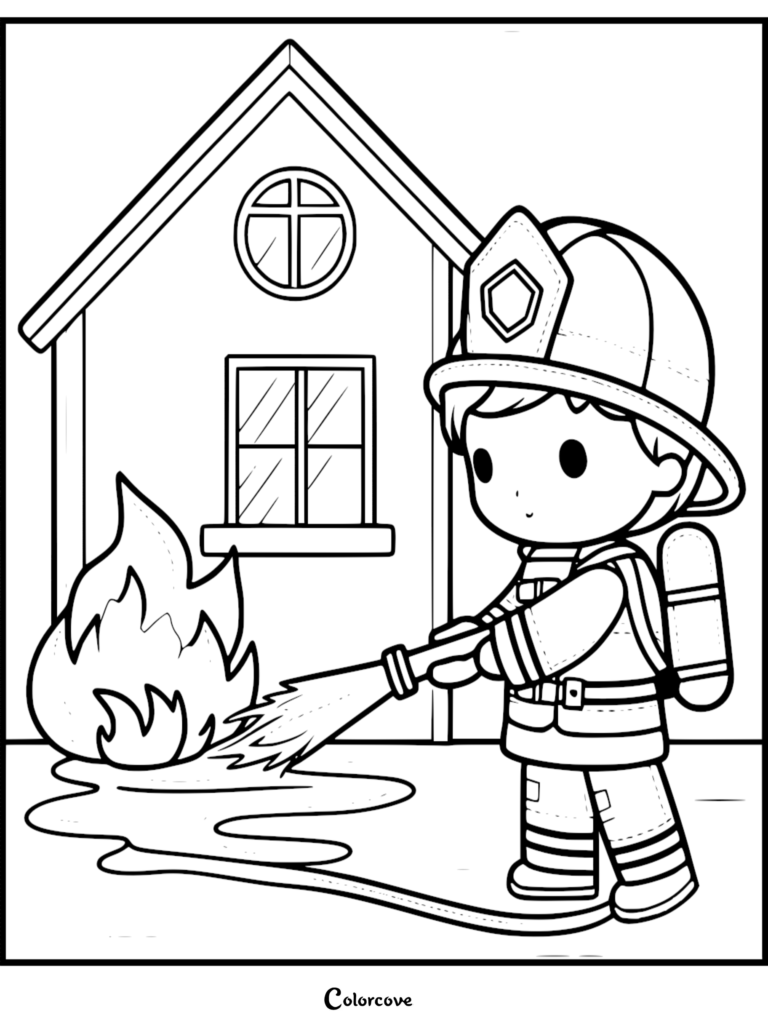 A cute chibi firefighter in uniform and helmet spraying water on a small fire in front of a house, printable coloring page.