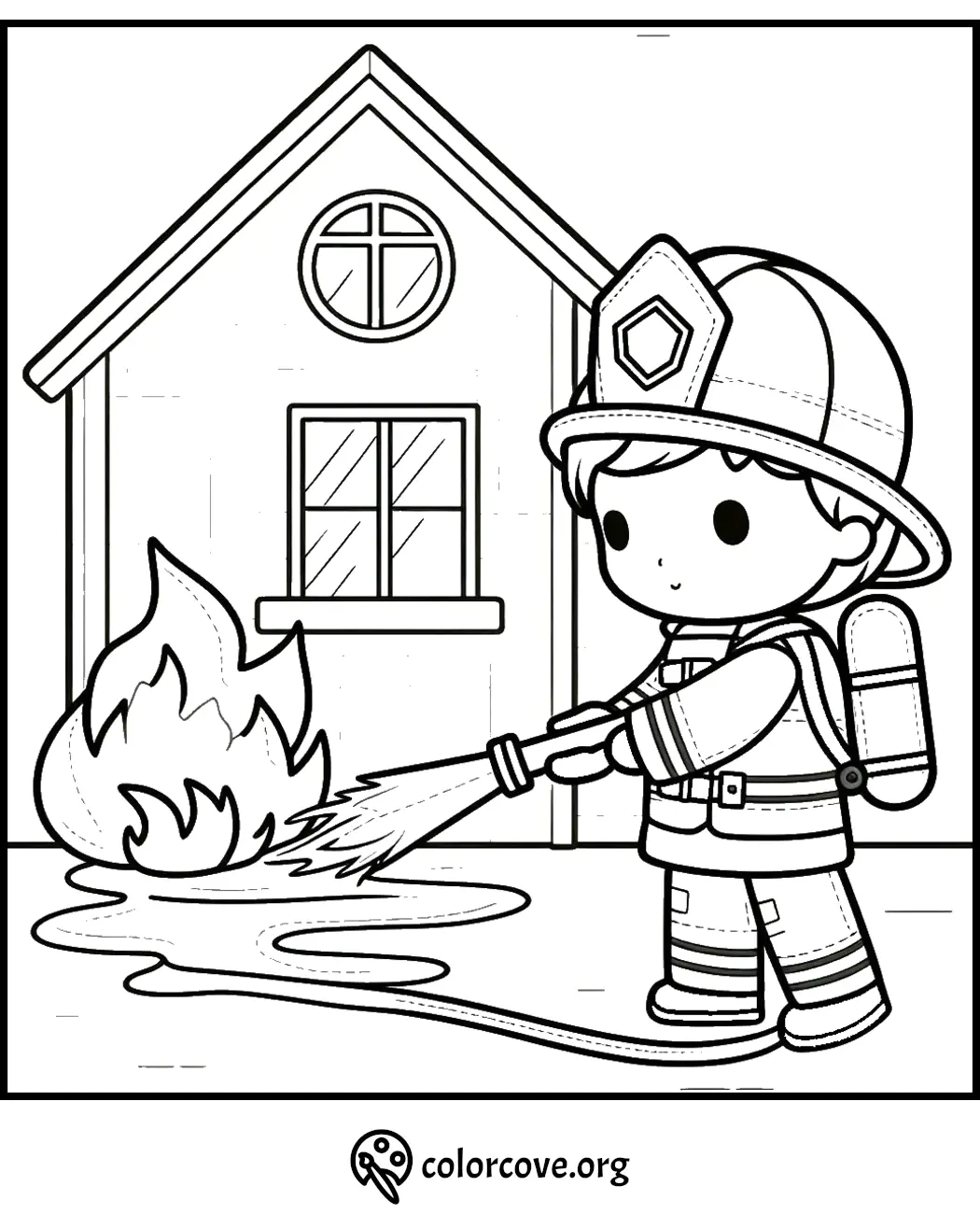 Cute firefighter coloring page showing a young firefighter spraying water on a fire near a house.