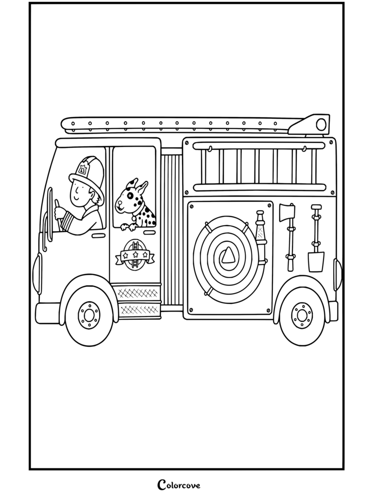 A firefighter driving a fire engine with a dalmatian dog and hose reel coloring page.