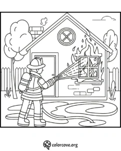 Coloring page of a firefighter using a hose to put out a house fire, with trees and a fence in the background.