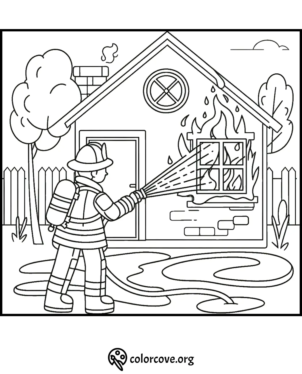 Coloring page of a firefighter using a hose to put out a house fire, with trees and a fence in the background.