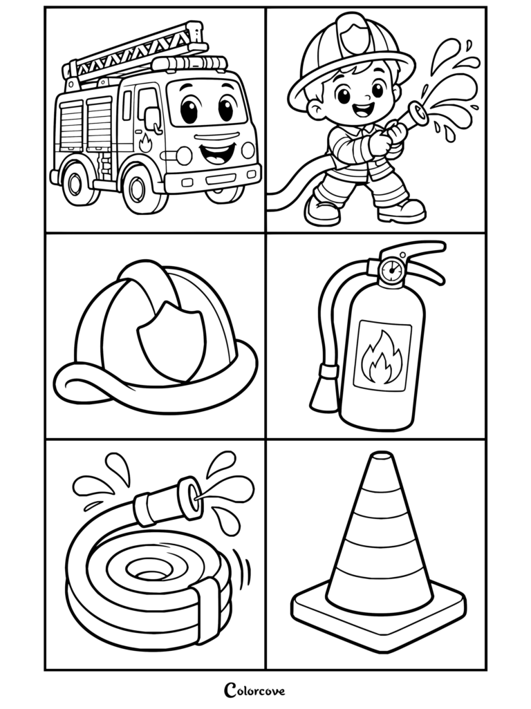 Firefighter elements cards coloring page featuring a fire truck, firefighter, helmet, extinguisher, hose, and cone.