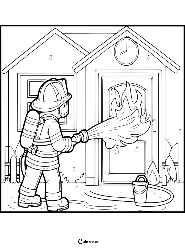 A cute firefighter in full gear spraying water from a hose at a burning house door, coloring page style line art.
