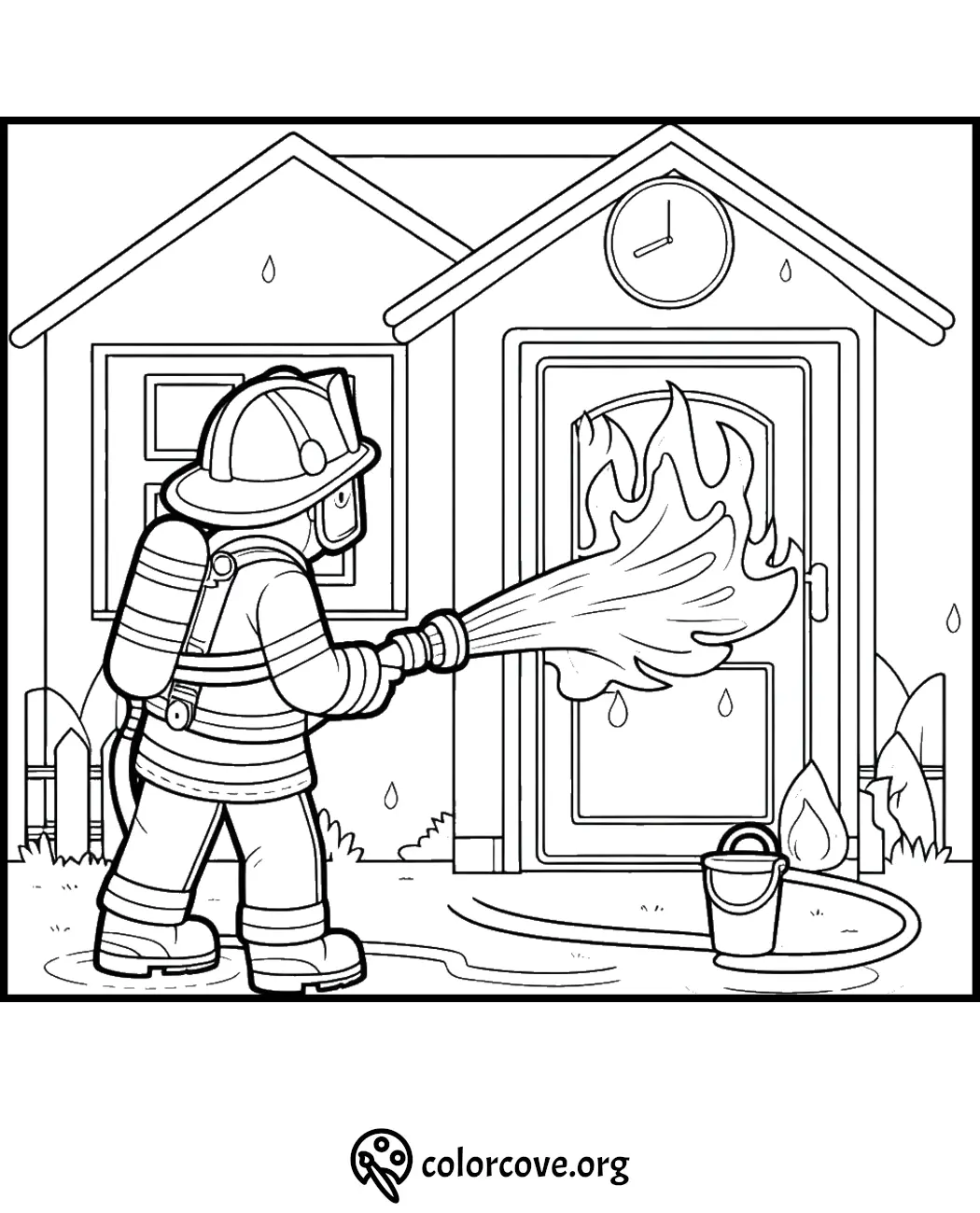 Coloring page of a firefighter in uniform using a hose to extinguish flames on a building. ©colorcove.org