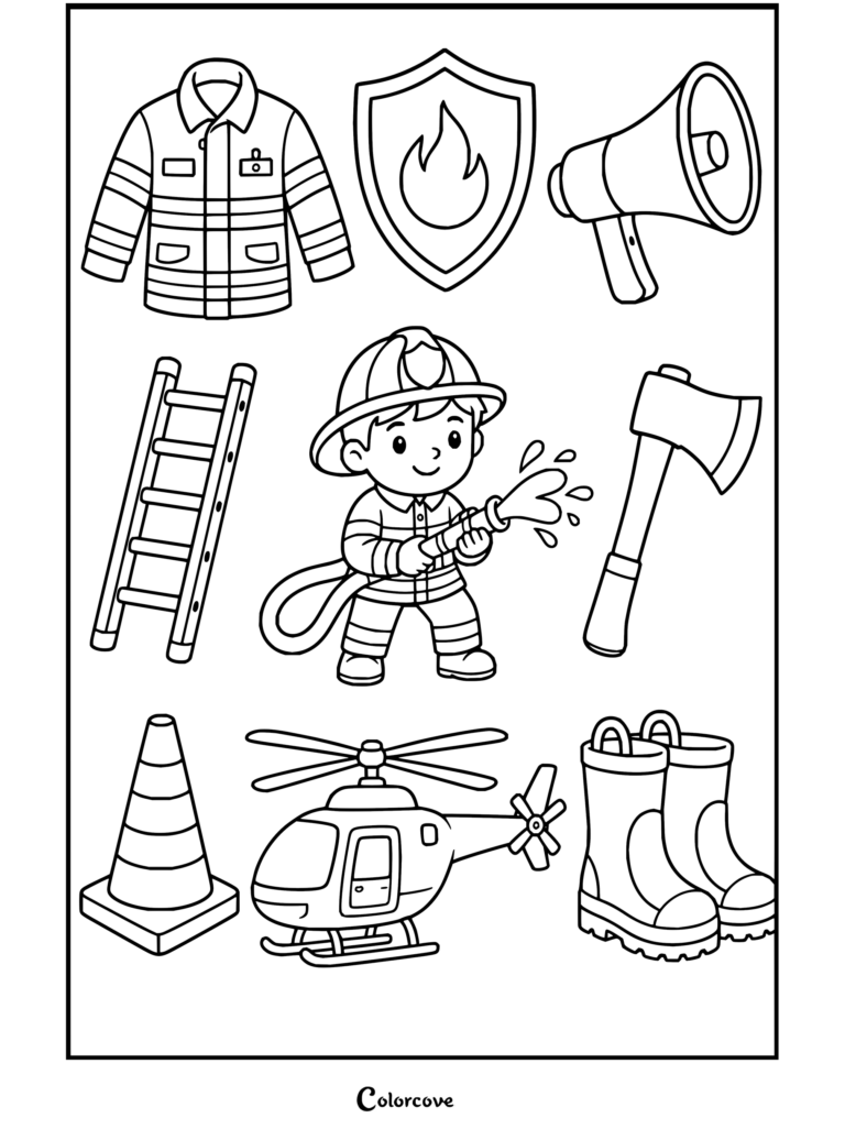 Firefighter coloring page featuring elements like a jacket, shield, megaphone, ladder, hose, axe, cone, helicopter, and boots.