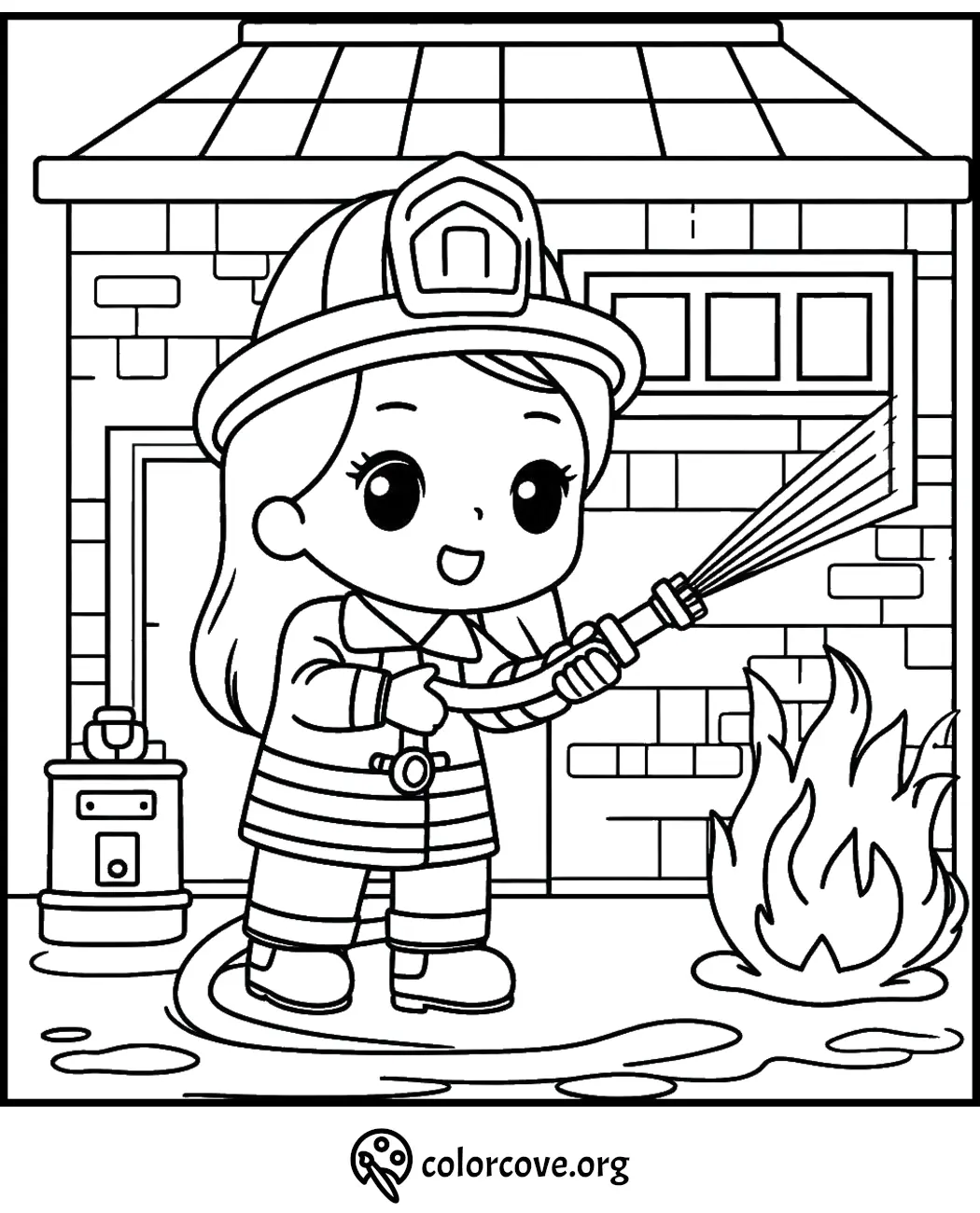 Cute firefighter girl coloring page with hose, putting out fire in front of a building. Fun for kids! ColorCove.org