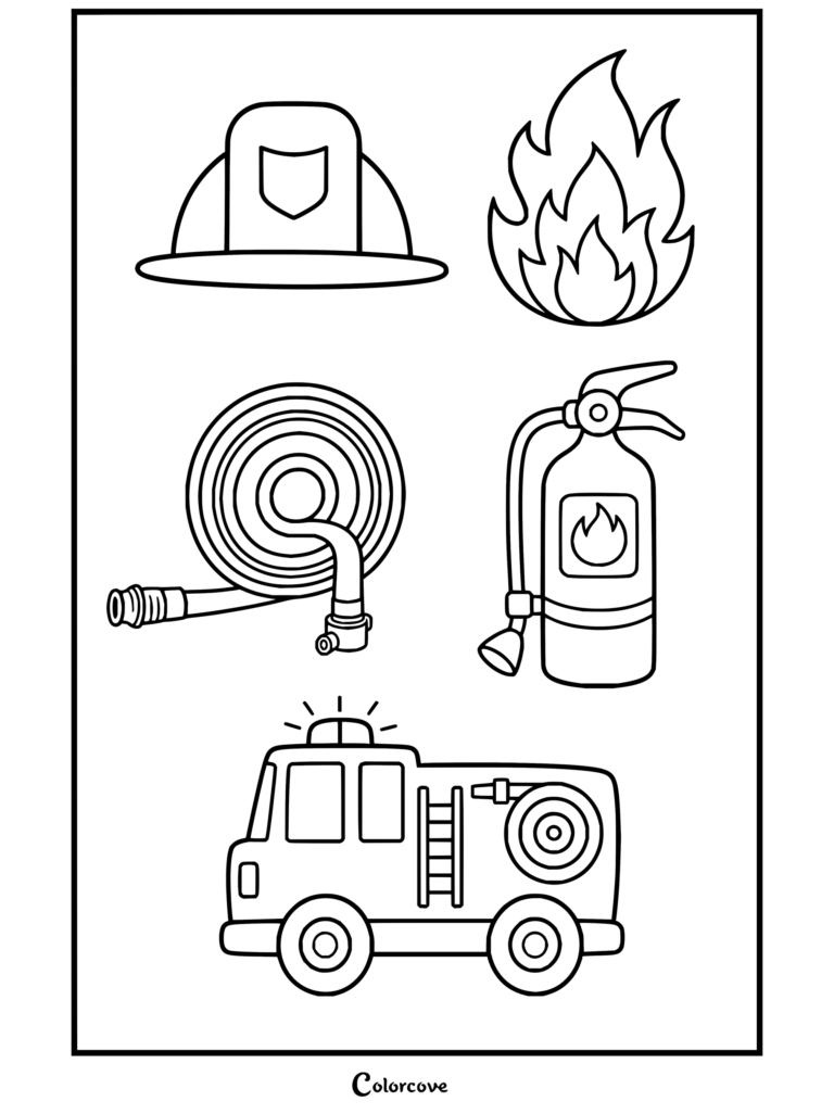 Firefighter equipment coloring page featuring a helmet, fire, coiled hose, fire extinguisher, and a fire truck.