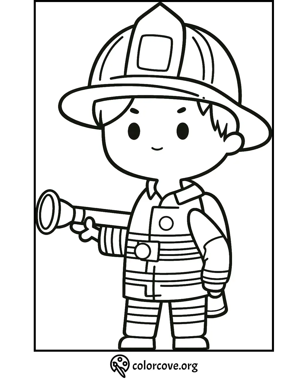 Cute firefighter coloring page for kids featuring a child in firefighter gear holding a hose. Perfect for coloring fun.