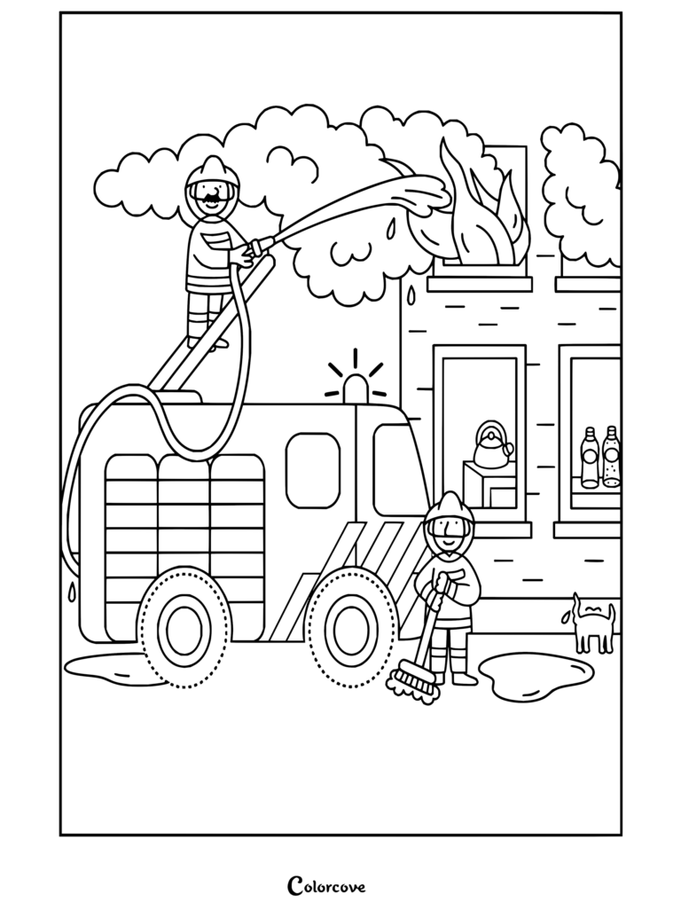 Coloring page of a firefighter extinguishing a building fire from a fire engine ladder while a colleague stands below.