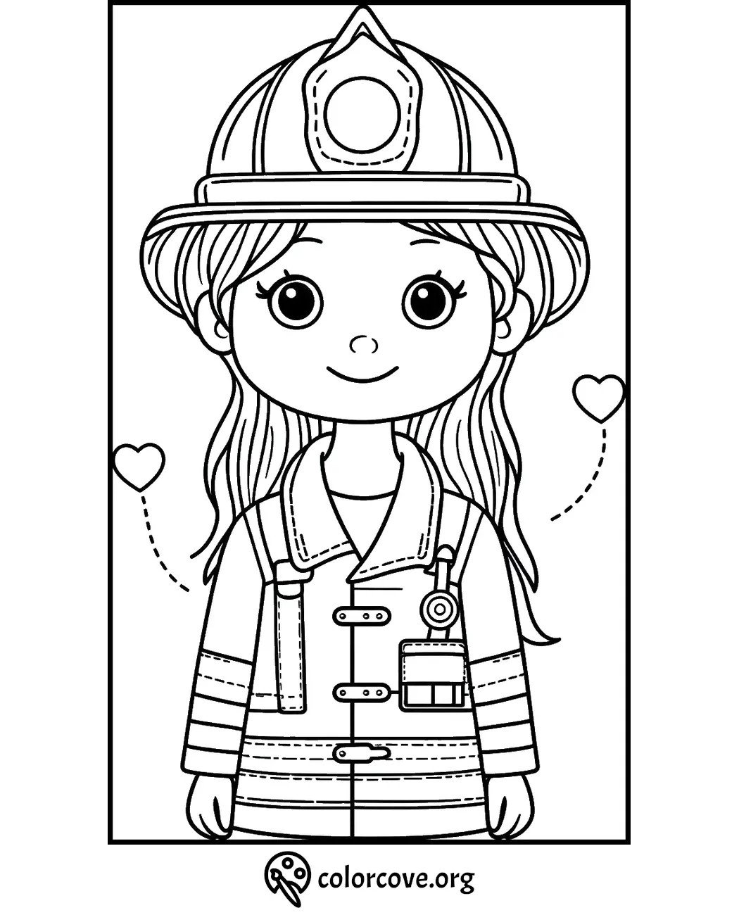 Coloring page of smiling girl firefighter with long hair, wearing a helmet and coat, from colorcove.org. Two hearts beside her.