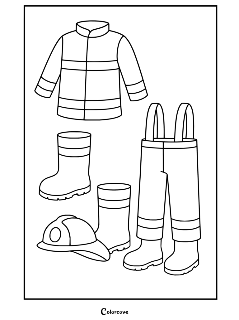 Free printable coloring page featuring a complete firefighter protective uniform, including a reflective jacket, suspender pants, two boots, and a helmet.