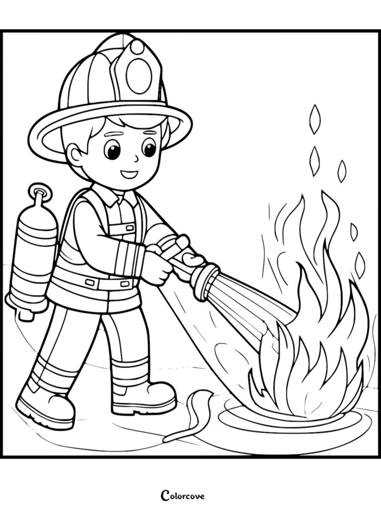 A cute firefighter wearing a helmet and oxygen tank using a hose to spray water on a small fire in this printable coloring page.