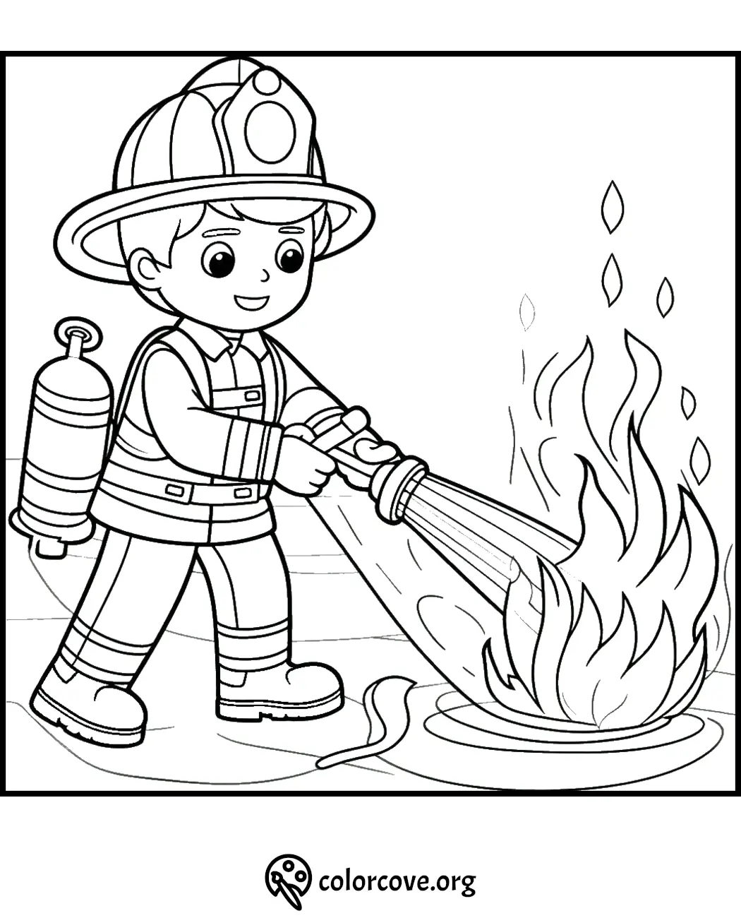 Coloring page of a young firefighter using a hose to put out a fire, wearing full firefighting gear and helmet.