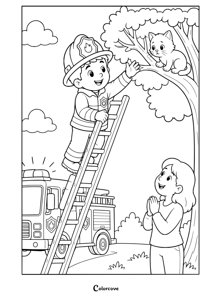 Printable coloring page of a friendly firefighter rescuing a trapped kitten from a tree using a tall ladder while a grateful woman watches.