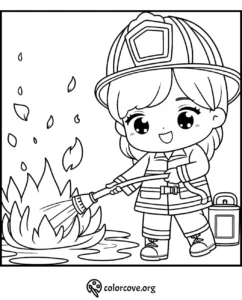 Cute firefighter coloring page for kids featuring a child in firefighter gear extinguishing a fire with a hose.