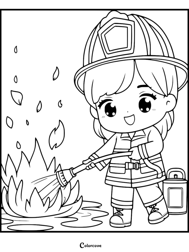 A cute chibi girl firefighter wearing a large helmet and uniform, spraying water from a hose onto a small fire, coloring page style line art.