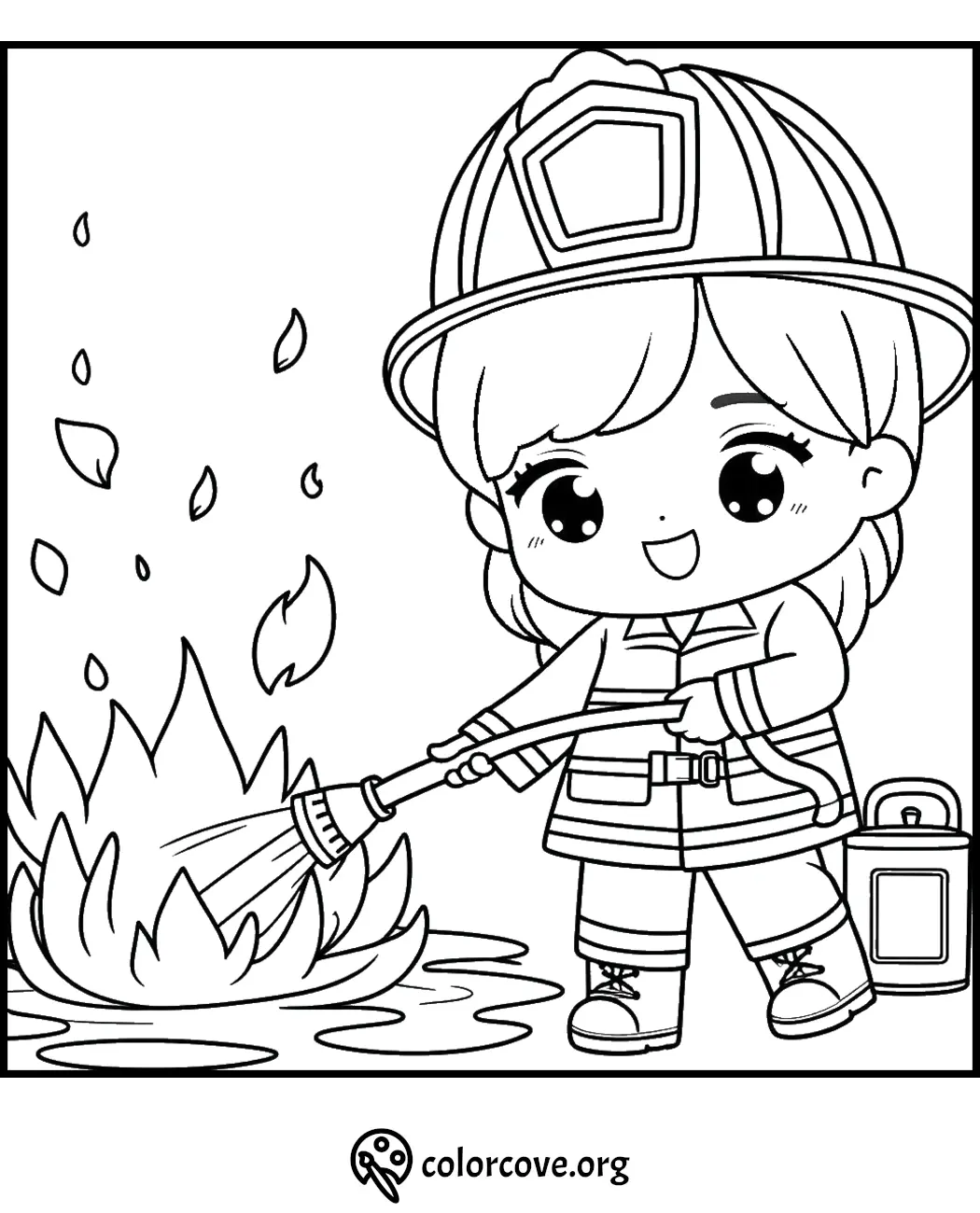 Cute firefighter coloring page for kids featuring a child in firefighter gear extinguishing a fire with a hose.