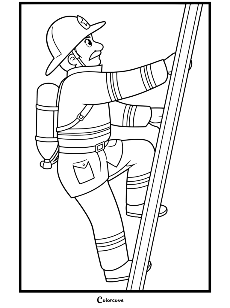Printable coloring page of a cartoon firefighter climbing a ladder with an oxygen tank.