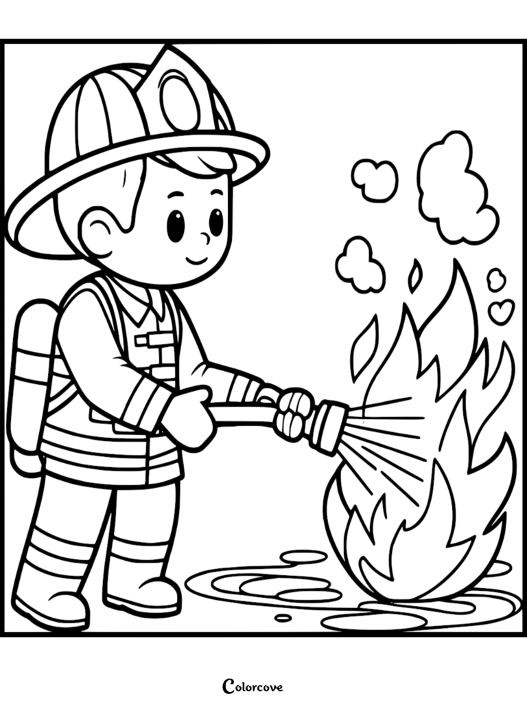 A cute firefighter wearing a helmet and uniform spraying water from a hose onto a small fire in this printable coloring page.