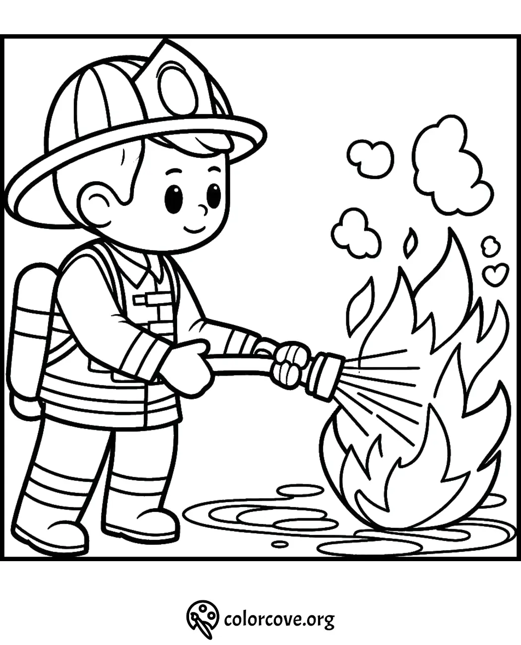 Coloring page of a smiling firefighter spraying water at a flames, designed for children's coloring activities.