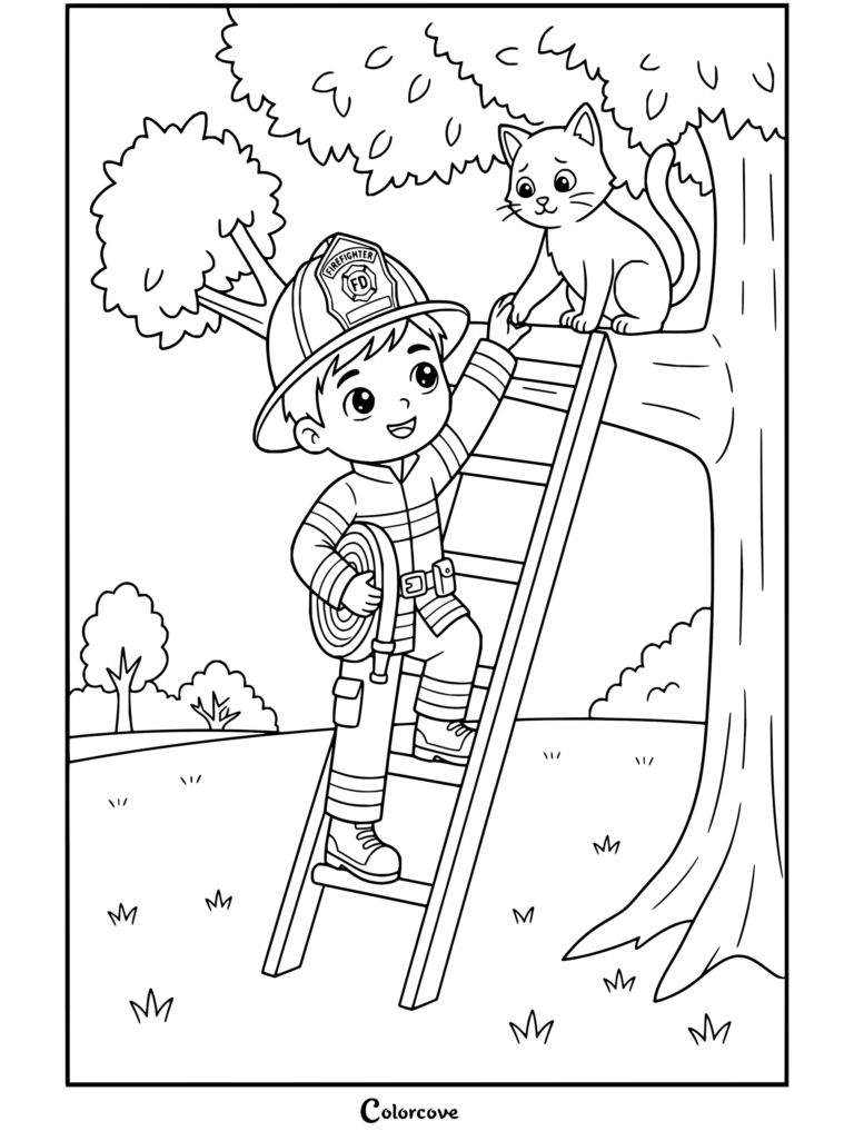 Printable coloring page of a firefighter rescuing a scared cat from a tree using a ladder.