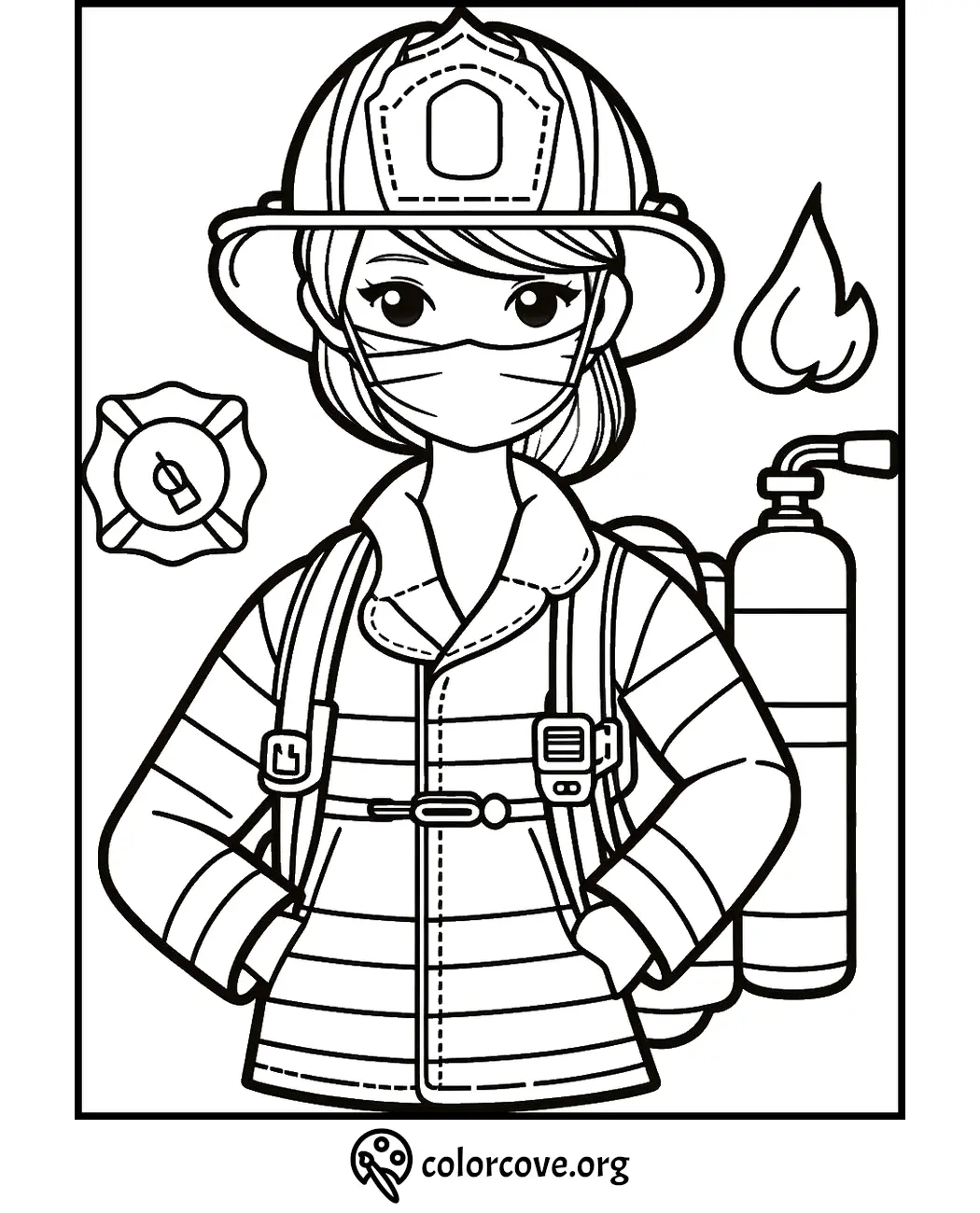 Coloring page of a firefighter in full gear, including helmet and oxygen tank, from colorcove.org. Perfect for kids to color.