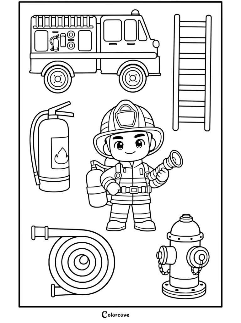 Firefighter coloring page featuring a cheerful firefighter with a truck, ladder, extinguisher, and hose.
