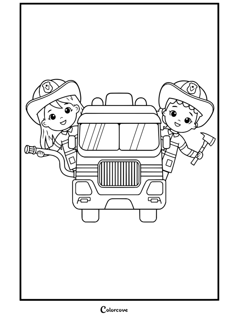 A coloring page showing two kids dressed as firefighters standing with a fire truck, ready for rescue action.