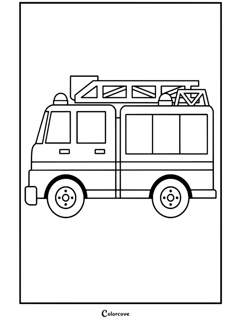 A printable coloring page of a classic red fire engine with a ladder and siren.