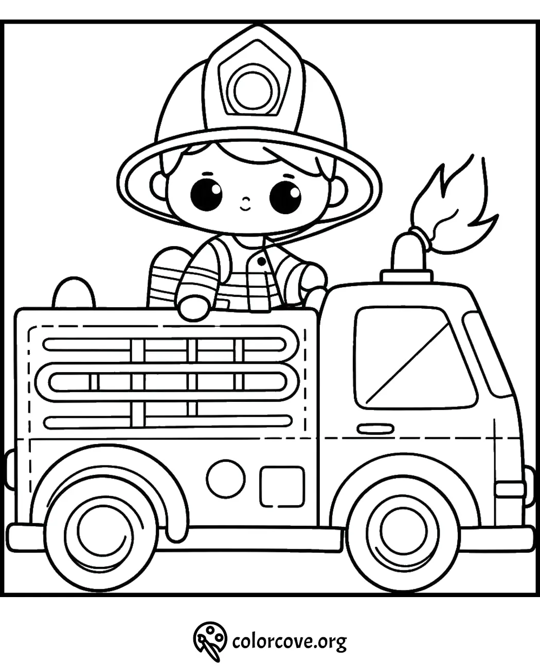 Child firefighter on a fire truck coloring page. Fun activity for kids. Download and print free from colorcove.org.