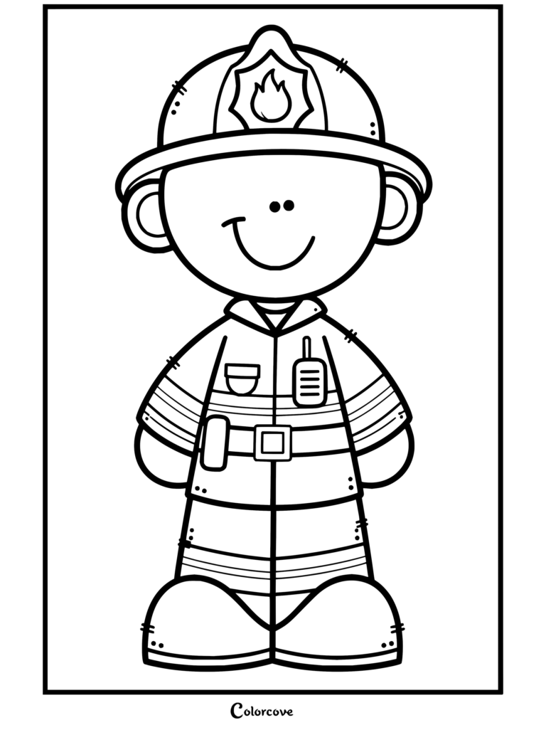 Cute cartoon firefighter in red uniform with helmet coloring page